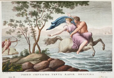 Nessus en Deianira of Nesso Centauro tenta rapir Deianira, Boek IX, illustratie uit Ovidius